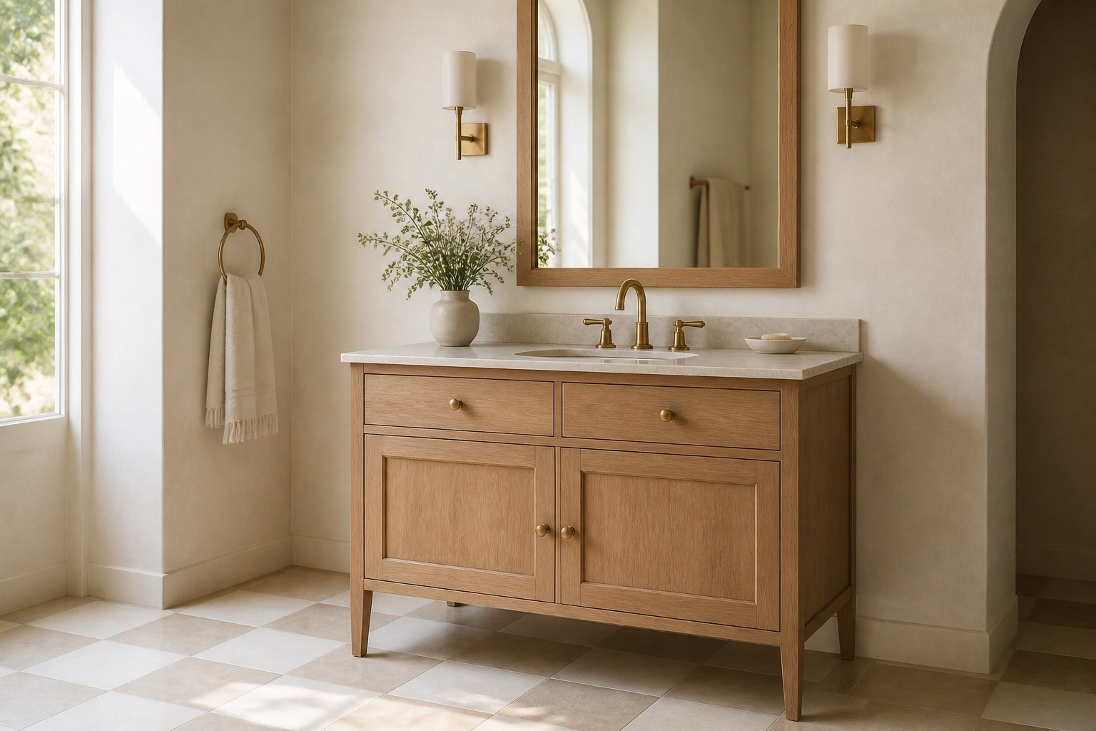 Freestanding furniture-style white oak vanity concept