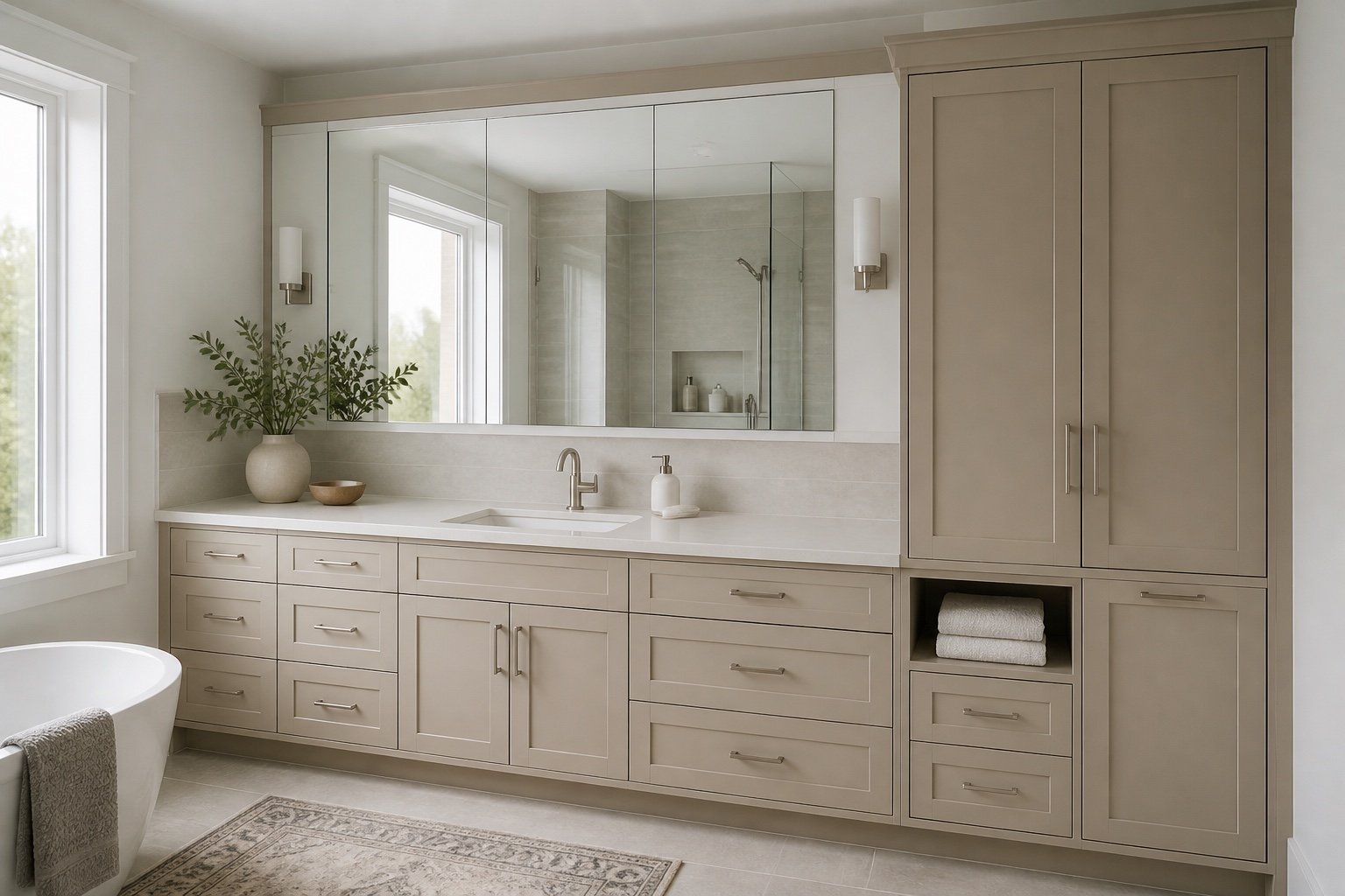 Wall-to-wall vanity concept with integrated linen cabinet