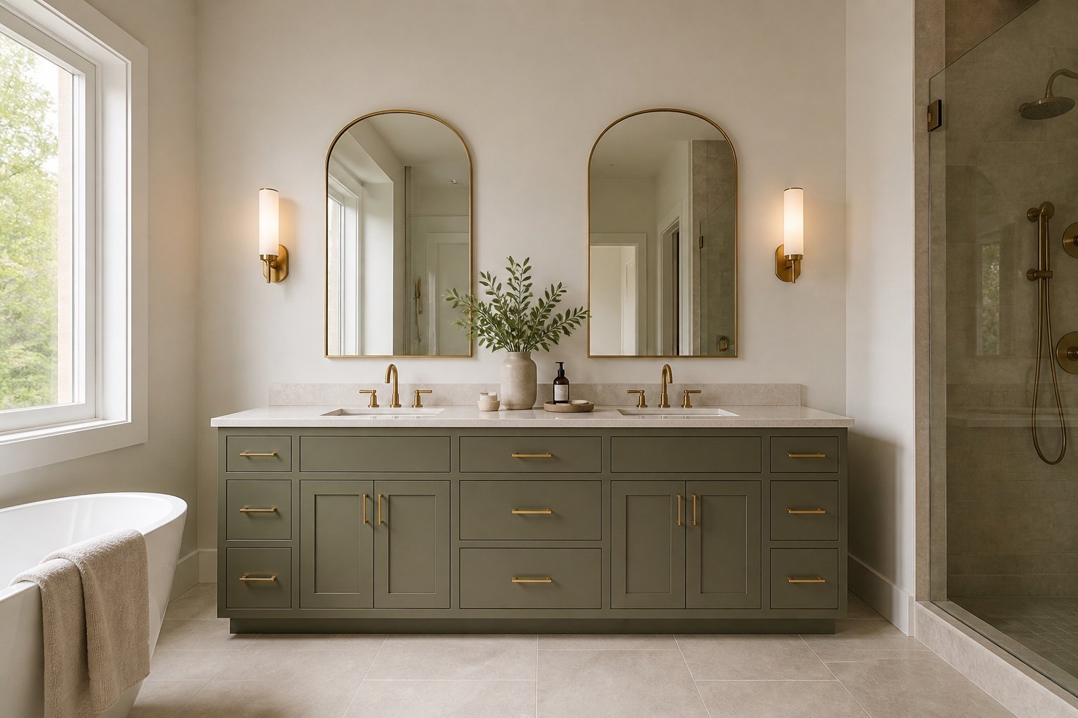 Sage green Shaker double vanity concept