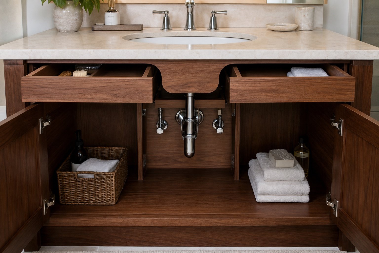 Accessible plumbing inside a custom bathroom vanity
