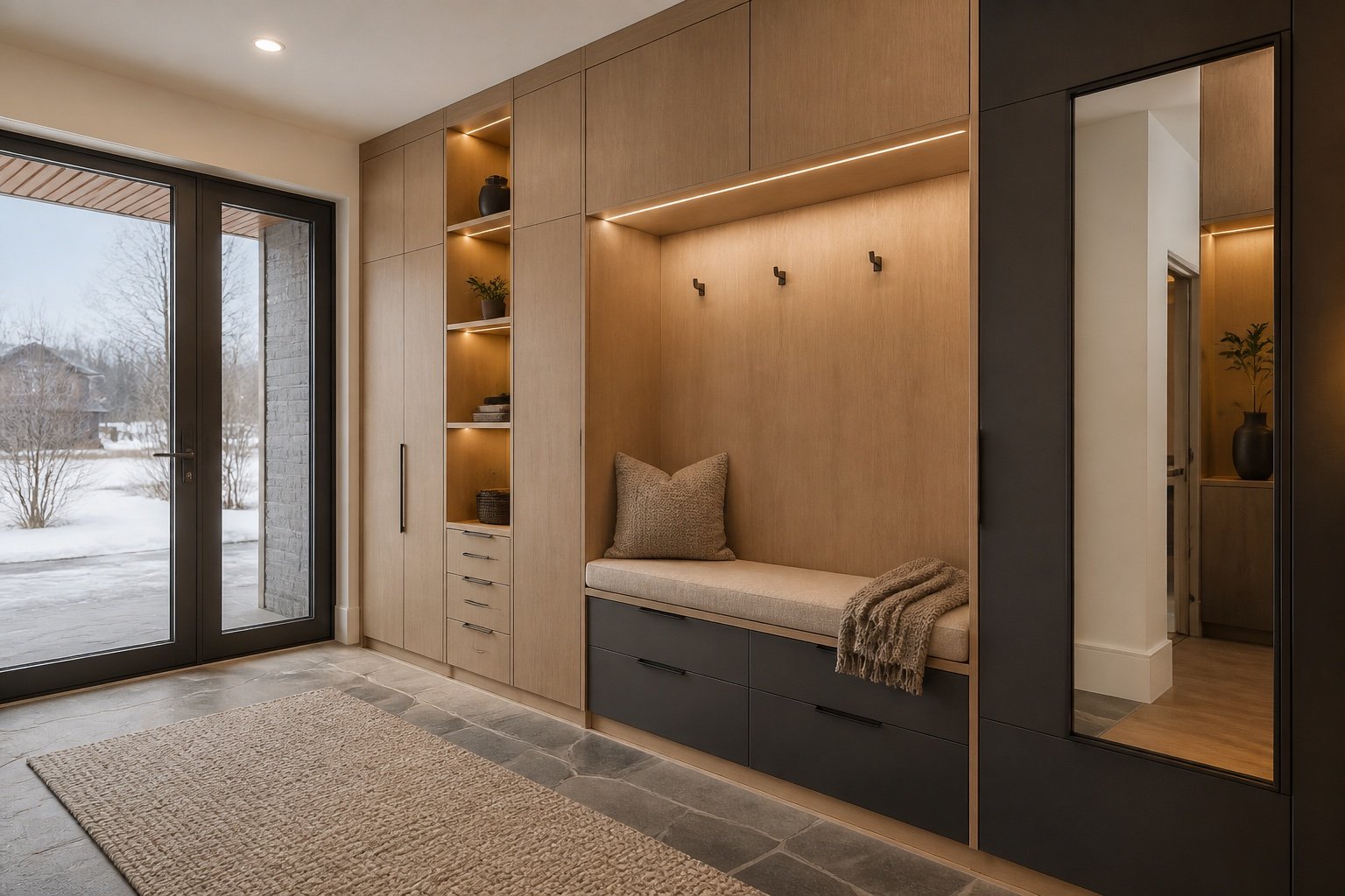Custom entryway with bench, hooks and tall cabinets